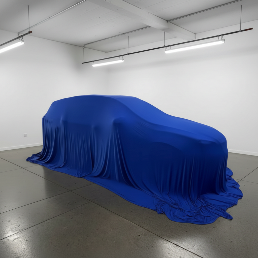 Modré auto s plachtou - centrované